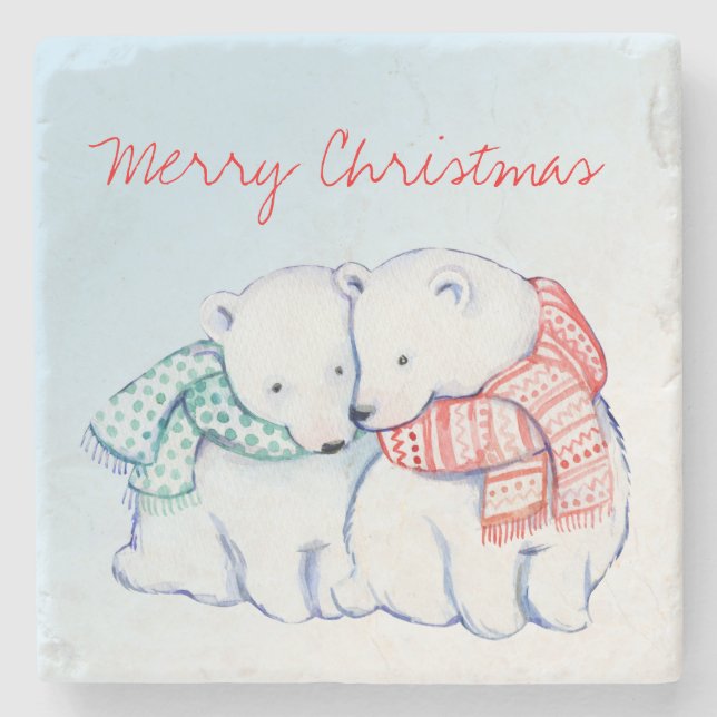 Two Polar Bears Merry Christmas Coasters (Front)