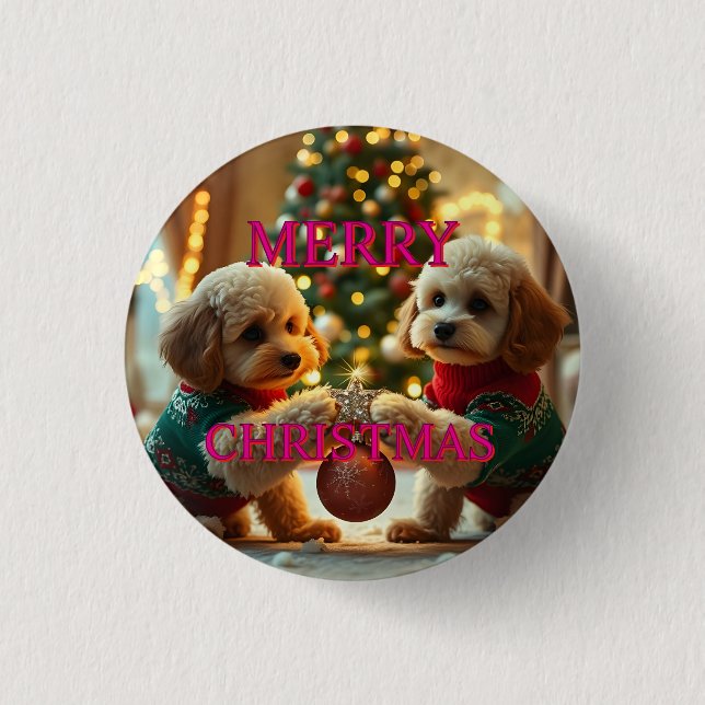TWO POODLES CELEBRATING CHRISTMAS BUTTON (Front)