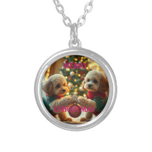 TWO POODLES CELEBRATING CHRISTMAS SILVER PLATED NECKLACE