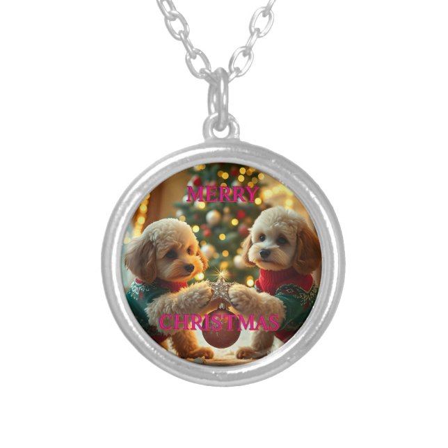 TWO POODLES CELEBRATING CHRISTMAS SILVER PLATED NECKLACE (Front)