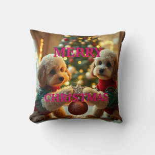 TWO POODLES CELEBRATING CHRISTMAS THROW PILLOW