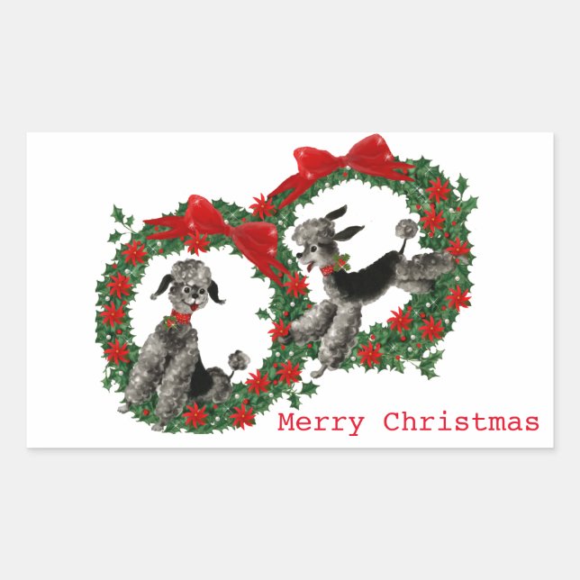 Two Poodles in Poinsettia  Wreaths Rectangular Sticker (Front)