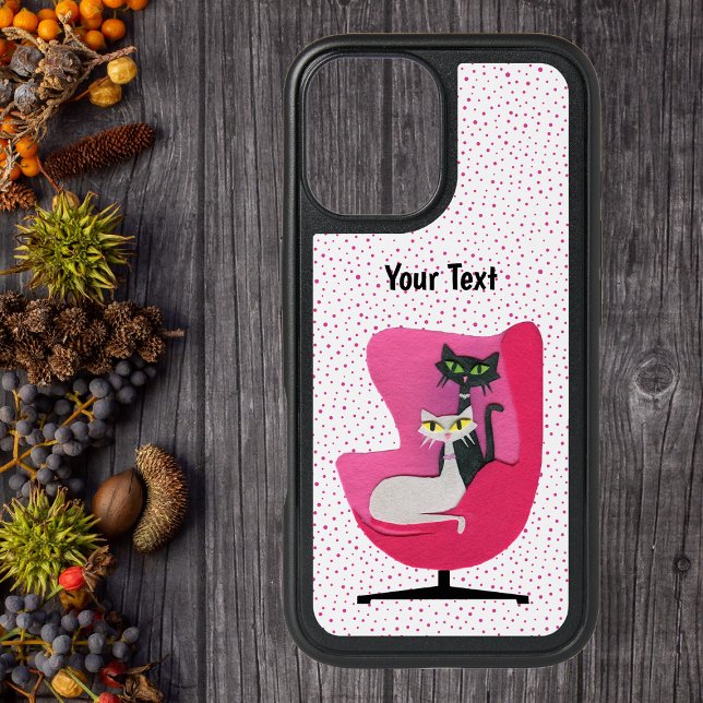 Two Pretty Atomic 1950s Cats in Pink Chair Dots Otterbox iPhone Case (Atomic pretty cats, black and white, sitting in pink chair on white with polka dots iPhone case.)