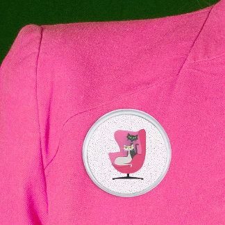 Two Pretty Atomic Cats in Pink Chair Polka Dots Silver Finish Lapel Pin
