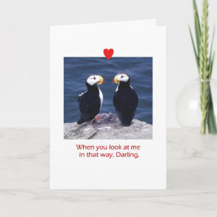 Two Puffins in Love with a Heart Holiday Card