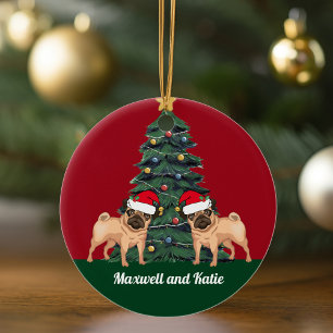 Two Pug Christmas Dogs in Santa Hat Cute Custom Ceramic Ornament