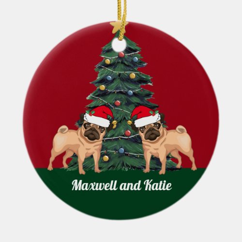 Two Pug Christmas Dogs in Santa Hat Cute Custom Ceramic Ornament