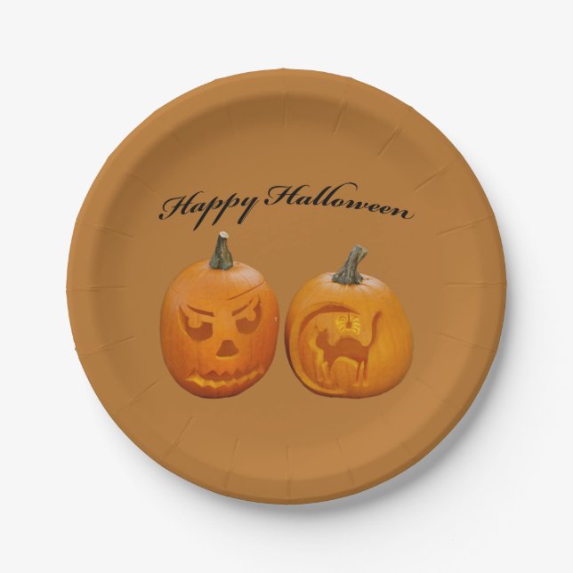 Two Pumpkins Happy Halloween Paper Plates (Front)