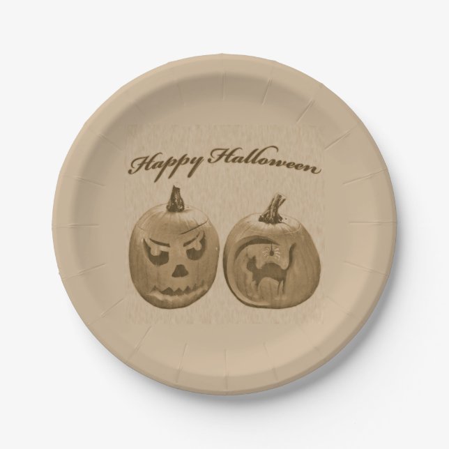 Two Pumpkins Happy Halloween Paper Plates (Front)