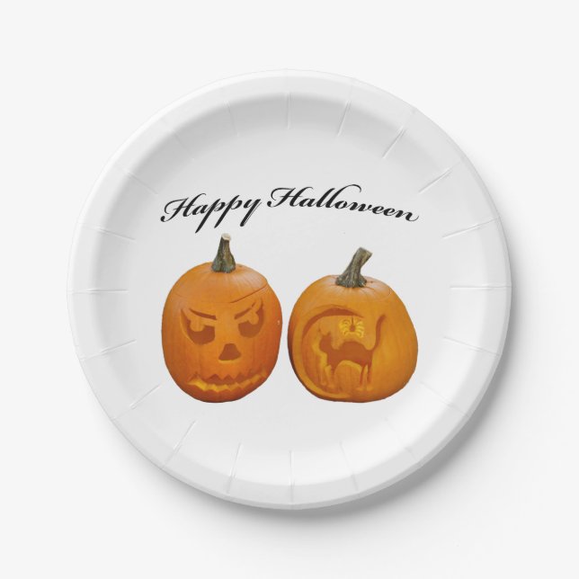 Two Pumpkins Happy Halloween Paper Plates (Front)