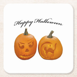 Two Pumpkins Happy Halloween Square Paper Coaster