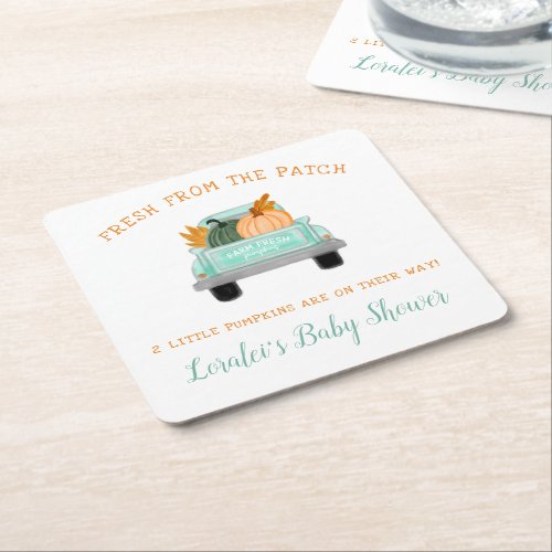 Two Pumpkins Vintage Truck Twins Fall Baby Shower Square Paper Coaster