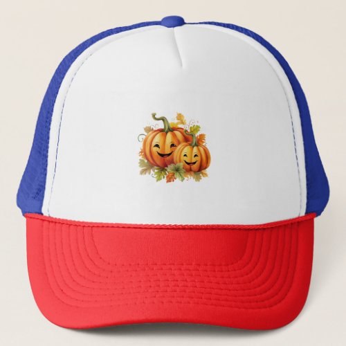 Two pumpkins with halloween smiley faces trucker hat