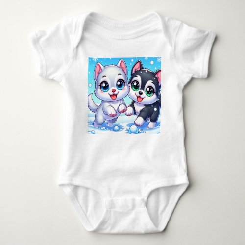 Two Pups Playing in the Snow Baby Bodysuit