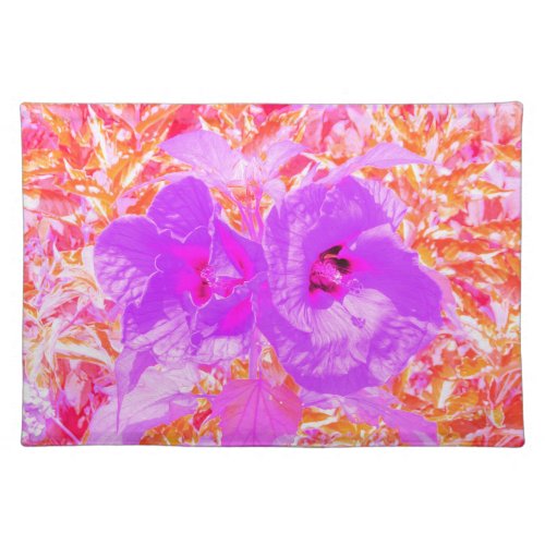 Two Purple and Hot Pink Plum Crazy Hibiscus on Red Cloth Placemat