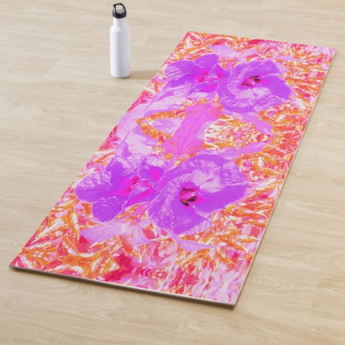 Two Purple and Hot Pink Plum Crazy Hibiscus on Red Yoga Mat