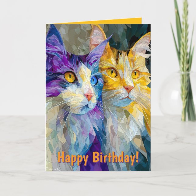 Two Purple and Yellow Cats Card (Front)