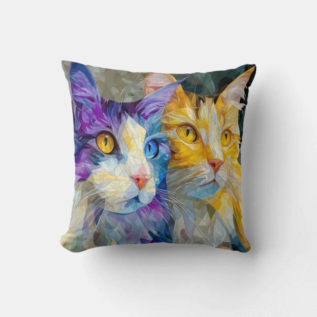 Two Purple and Yellow Cats Throw Pillow (Front)