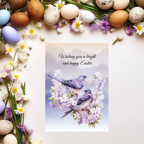 Two Purple Birds In Spring Flowers Easter Holiday Card
