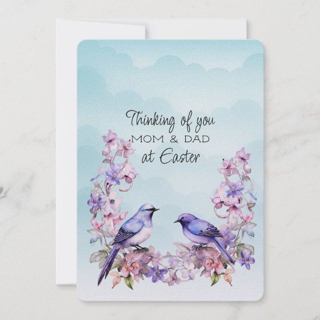 Two Purple Birds Spring Flowers Mom & Dad Easter Holiday Card (Front)
