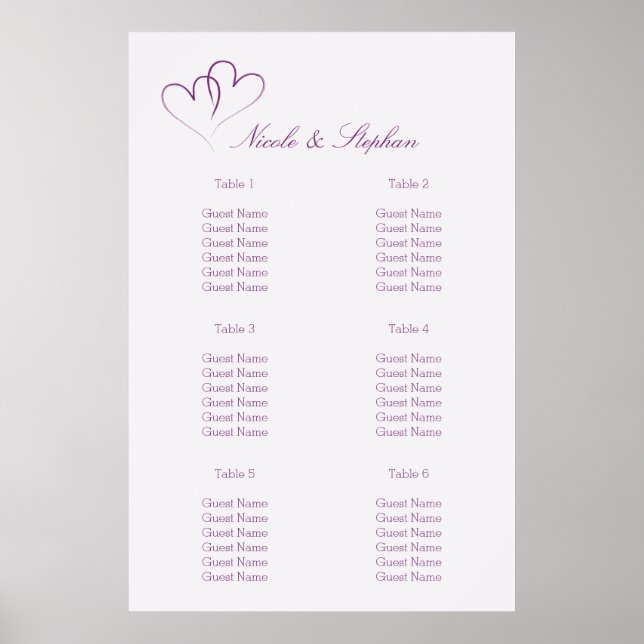 Two Purple Hearts Intertwined Seating Plan Poster (Front)