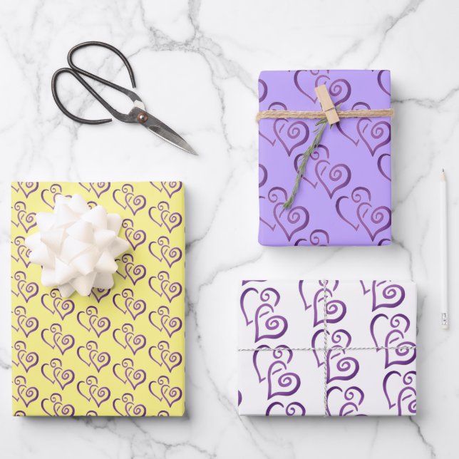 Two Purple Linked Hearts Pattern Wrapping Paper Sheets (Front)