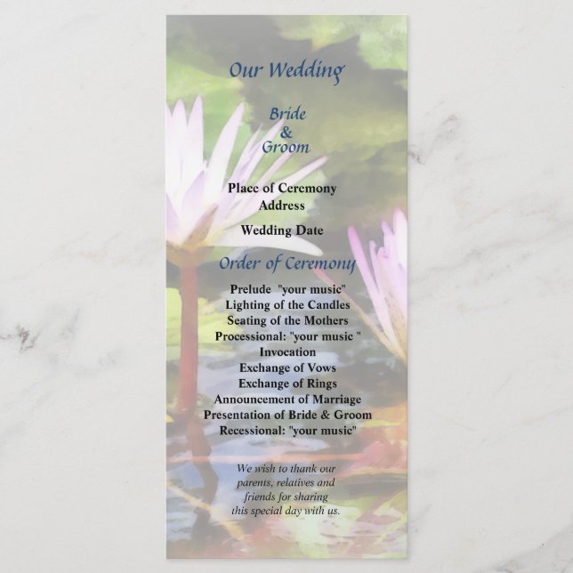 Two Purple Water Lotus Wedding Program (Front)