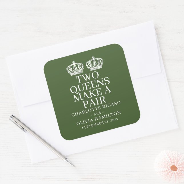 Two Queens Make A Pair Gay Lesbian Wedding Square Sticker (Envelope)
