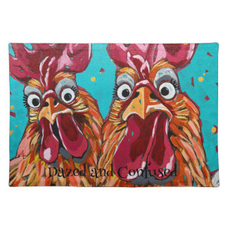Two Quirky Roosters  Cloth Placemat