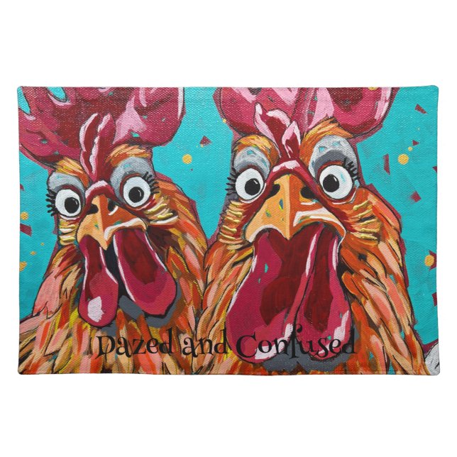 Two Quirky Roosters  Cloth Placemat (Front)