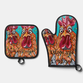 Two Quirky Roosters Oven Mitt & Pot Holder Set