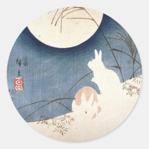 TWO RABBITS  A MOON JAPANESE PRINT ROUND Sticker