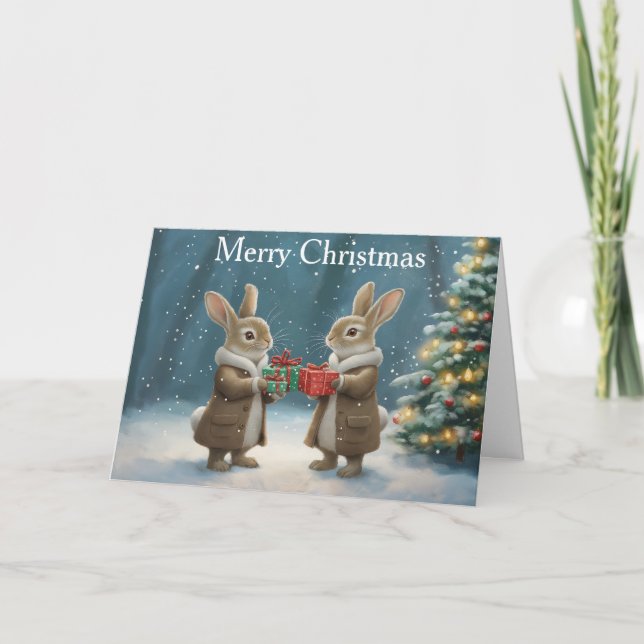 Two Rabbits at Christmas Holiday Card (Front)