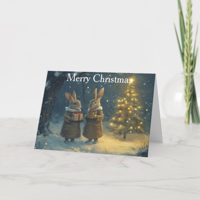 Two Rabbits at Christmas Holiday Card (Front)
