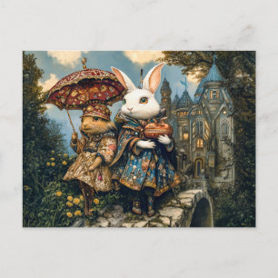 Two Rabbits on a Castle Bridge in Fantasy Scene Postcard