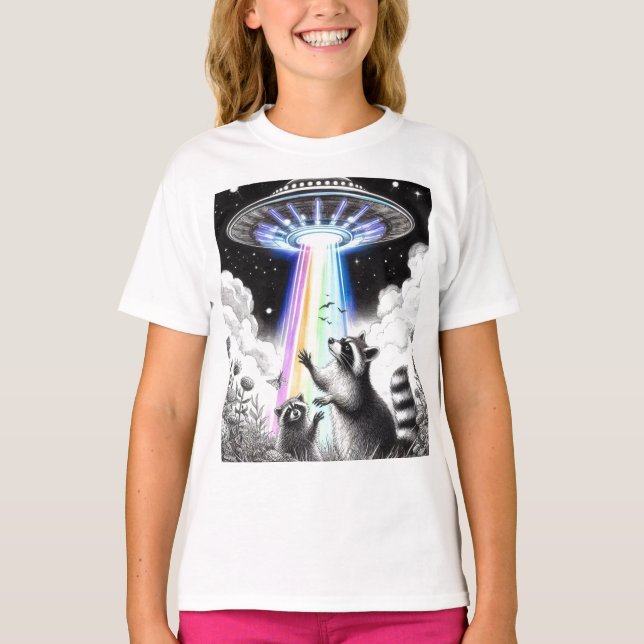 Two Raccoons and Rainbow UFO in wildflower meadow T-Shirt (Front)