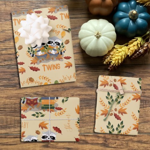 Two Raccoons Fall Baby Shower Wrapping Paper Sheet