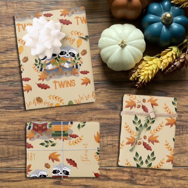 Two Raccoons Fall Baby Shower Wrapping Paper Sheet (Creator Uploaded)