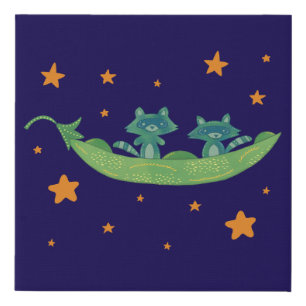 Two Raccoons in a Pea Pod   Whimsical Folk Art Faux Canvas Print