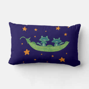 Two Raccoons in a Pea Pod Whimsical Folk Art Lumbar Pillow