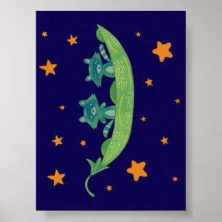 Two Raccoons in a Pea Pod | Whimsical Folk Art Poster