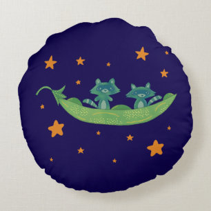 Two Raccoons in a Pea Pod Whimsical Folk Art Round Pillow