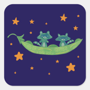 Two Raccoons in a Pea Pod Whimsical Folk Art Square Sticker