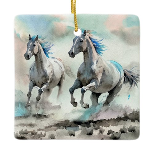 Two Racing Wild Horses Watercolour Ceramic Ornament