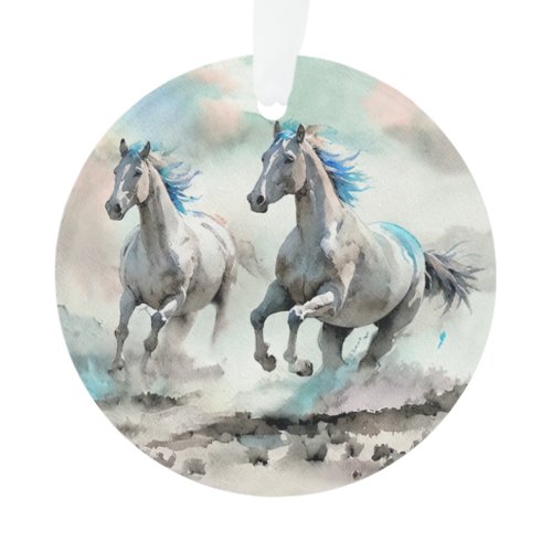 Two Racing Wild Horses Watercolour Ornament