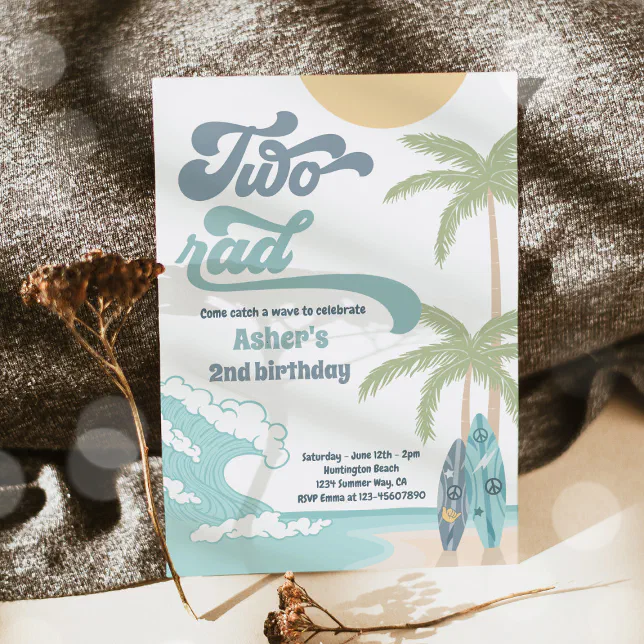 Two Rad Retro Surf Beach 2nd Birthday Party Invitation | Zazzle
