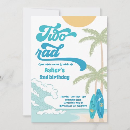 Two Rad Retro Surfboard Beach 2nd Birthday Party Invitation