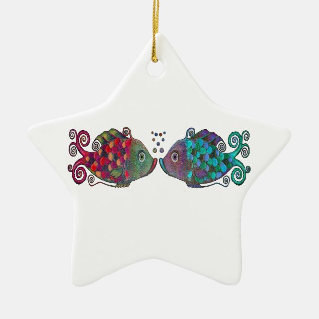 Two Rainbow Whimsical Fish Pair Couple Very Unique Ceramic Ornament (Front)