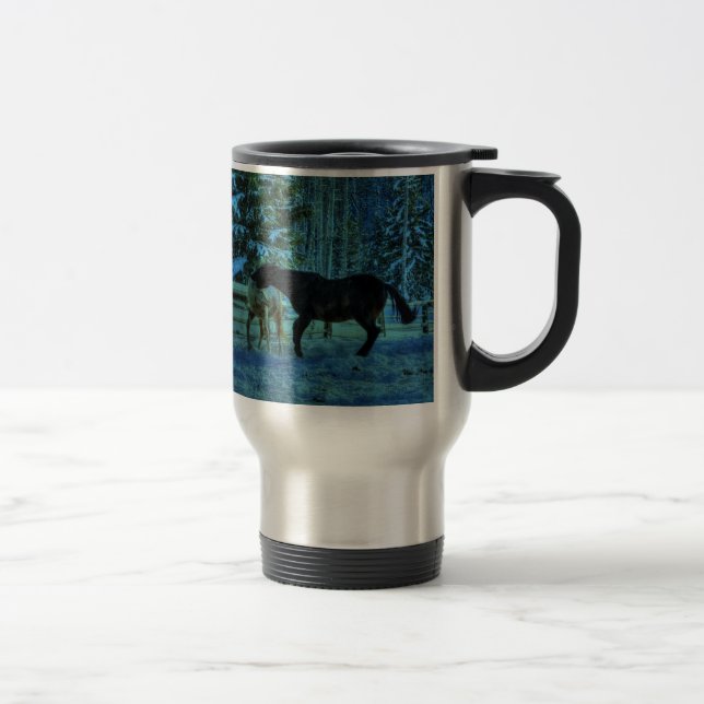 Two Ranch Horses Playfighting at Night in Winter Travel Mug (Right)