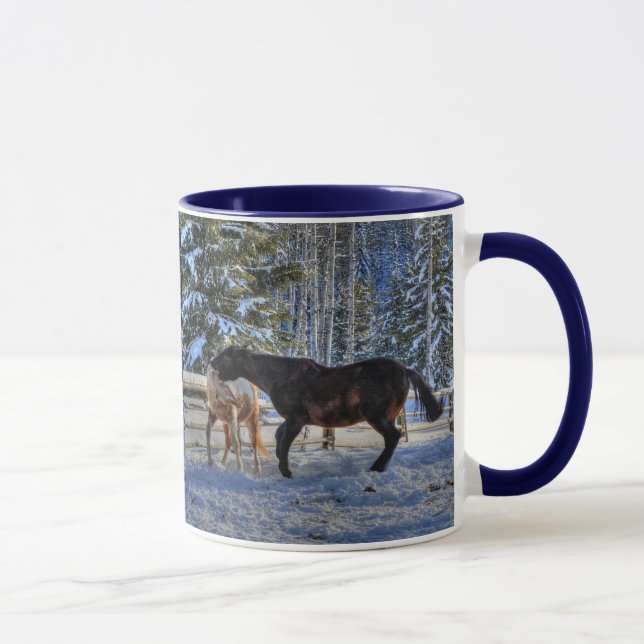 Two Ranch Horses Playfighting in Snow in Winter Mug (Right)
